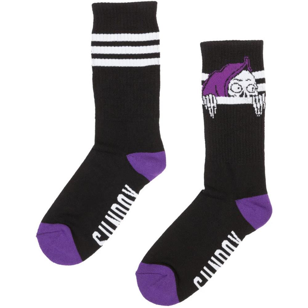 Sunday Creepy Sweeper Crew Sock - Black With Purple & White Ink